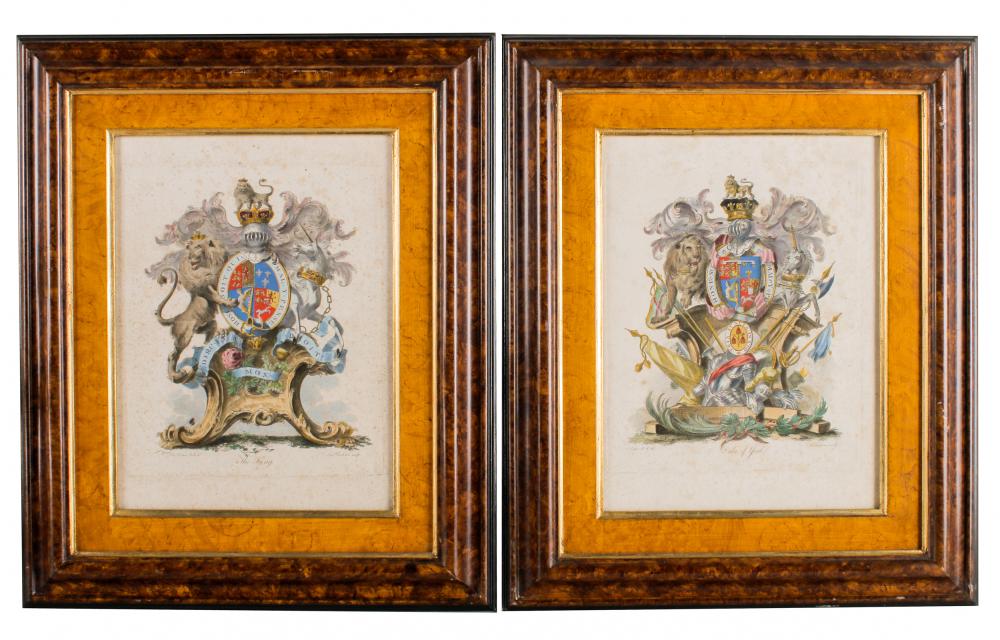 Appraisal: PAIR OF ENGLISH COAT OF ARMS ENGRAVINGScomprising The King and