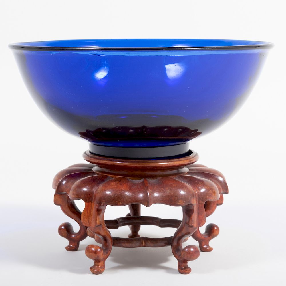 Appraisal: Chinese Cobalt Glass Bowl and Stand Four character mark x