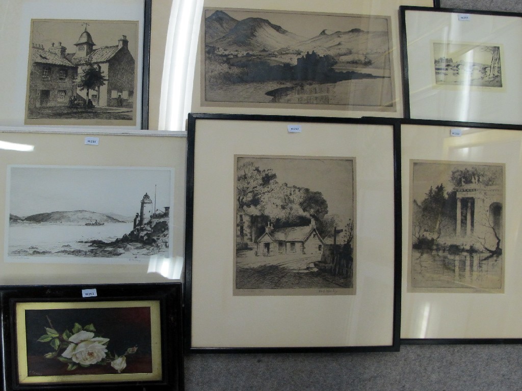 Appraisal: Lot comprising six etchings to include STEWART JOHNSON and ROBERT