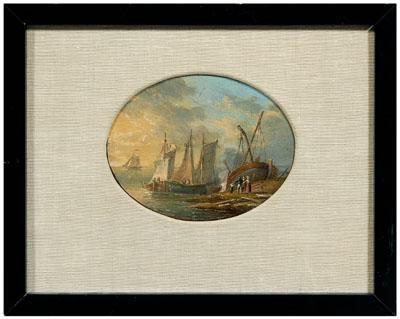 Appraisal: Miniature maritime painting coastal scene with fishing vessel unsigned oil