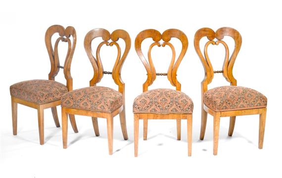 Appraisal: SUITE OF FOUR CHAIRS Biedermeier Austria circa Walnut Floral covers