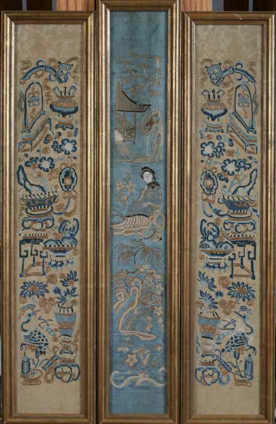 Appraisal: PAIR FRAMED CHINESE EMBROIDERED SILK PANELS Together with two panels