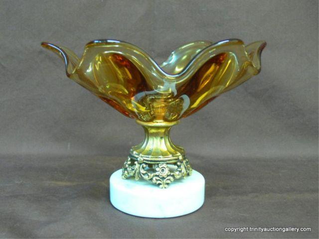 Appraisal: C 's Art Glass Compote on Brass Marble Base -