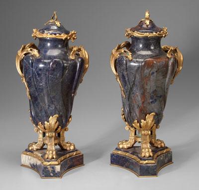 Appraisal: Pair ormolu-mounted sodalite urns finely carved cobalt mineral with white