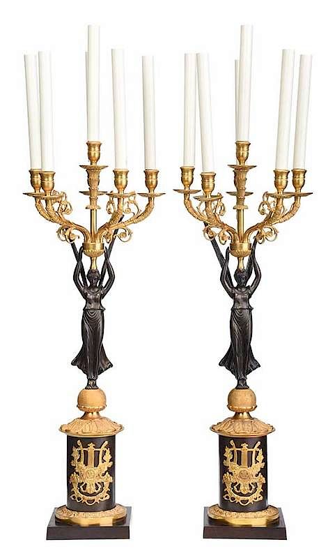 Appraisal: Pair of Electrified Empire Style Candelabras Continental probably early th