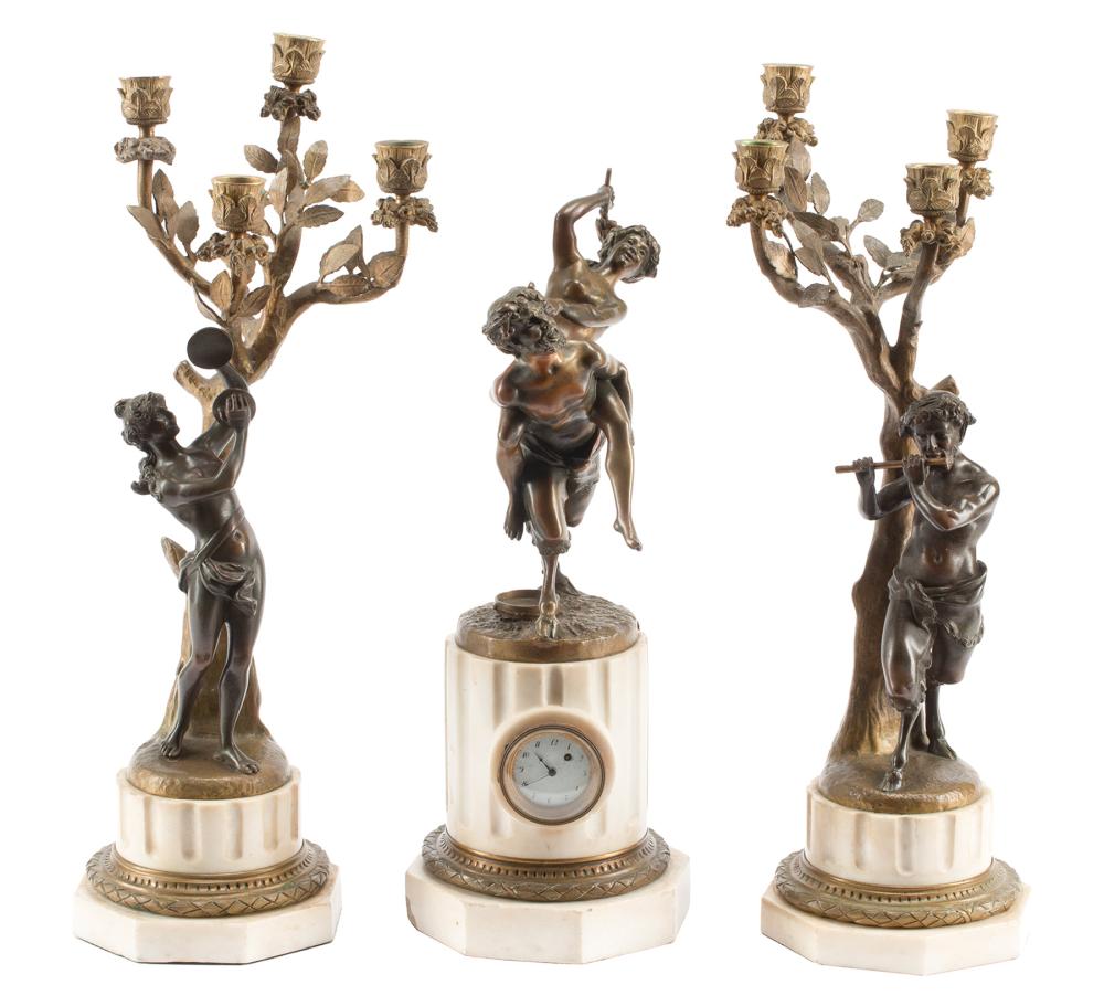 Appraisal: Louis XV-Style Bronze and Marble Three-Piece Clock Garniture th c