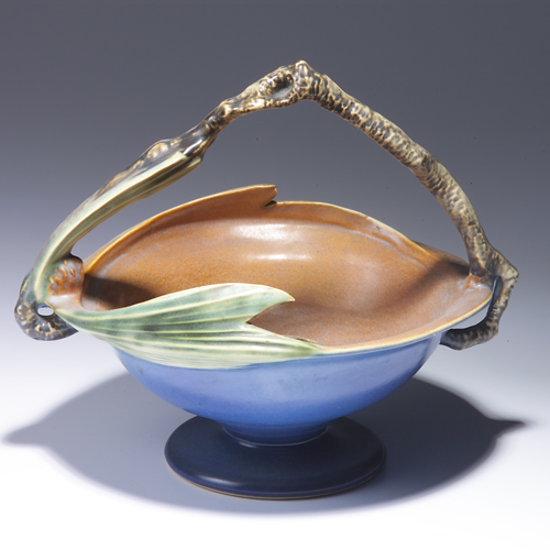 Appraisal: ROSEVILLE Blue Pine Cone basket bowl with built-in flower frog