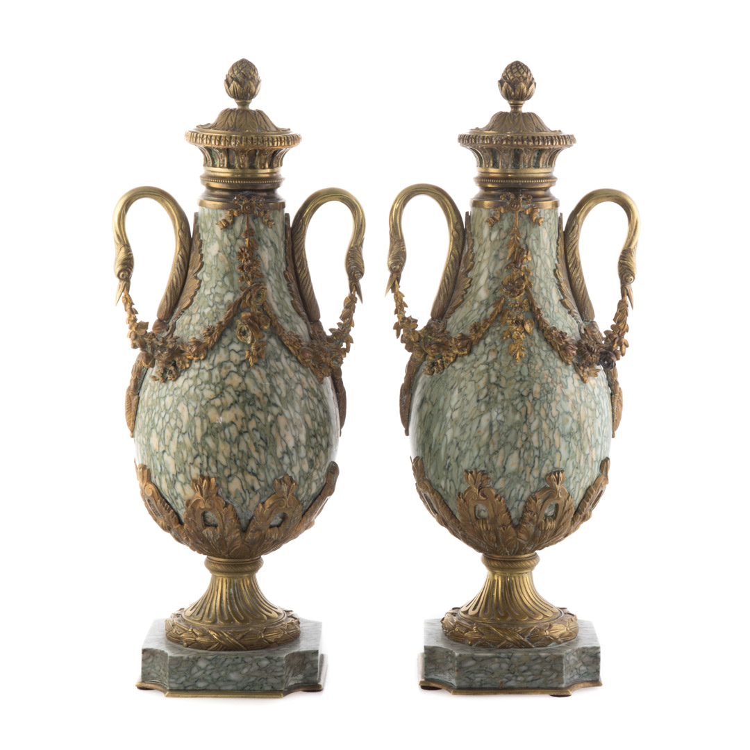 Appraisal: Pair Louis XVI style bronze mounted marble urns late th