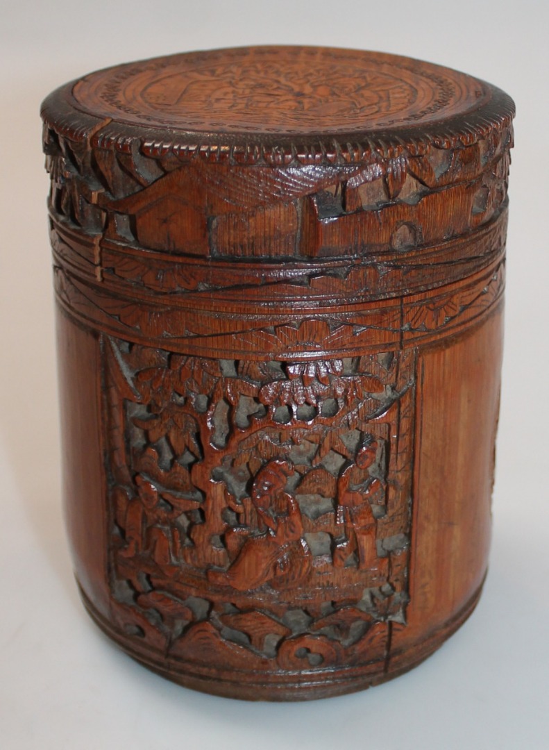 Appraisal: A Chinese Qing period bamboo jar and cover of cylindrical