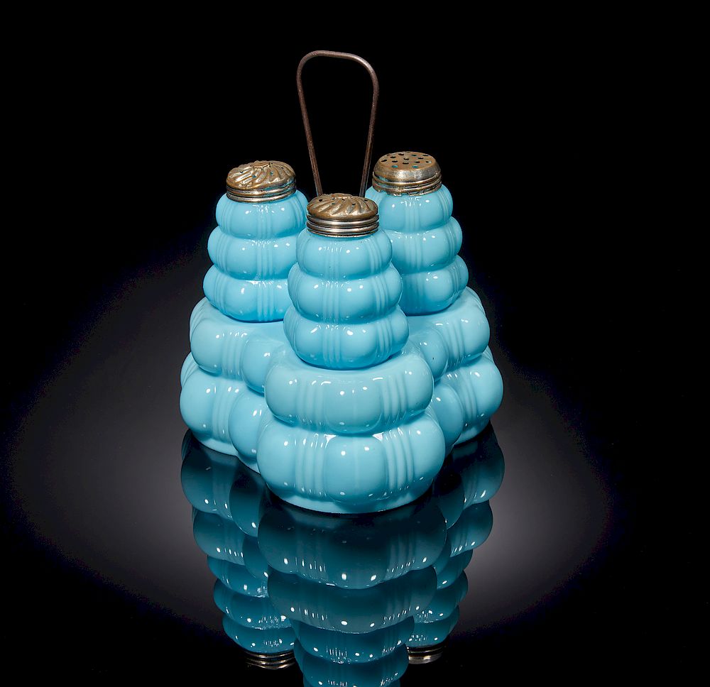 Appraisal: Blue Milk Glass Condiment Set Blue milk glass four piece