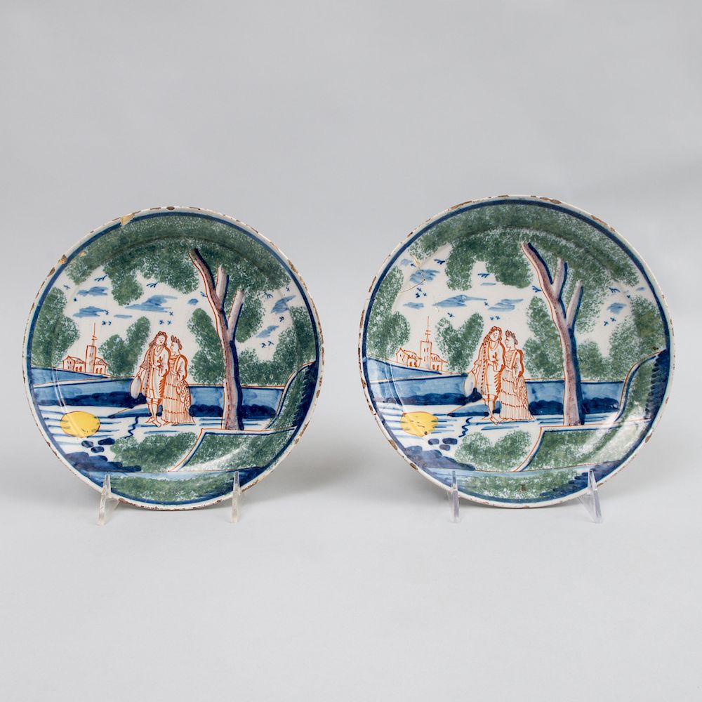 Appraisal: Pair of Dutch Polychrome Delft Pancake Plates One marked in