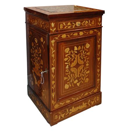 Appraisal: Dutch Style Marble Top Marquetry Inlaid Mahogany Cabinet Estimate nbsp