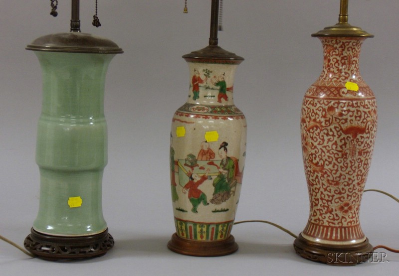 Appraisal: Three Asian Pottery Lamps all on stands two with jade