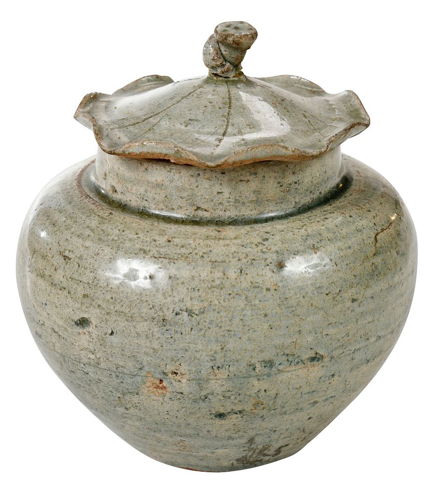 Appraisal: Chinese Green Glazed Lidded 'Lotus' Jar probably Yuan dynasty molded