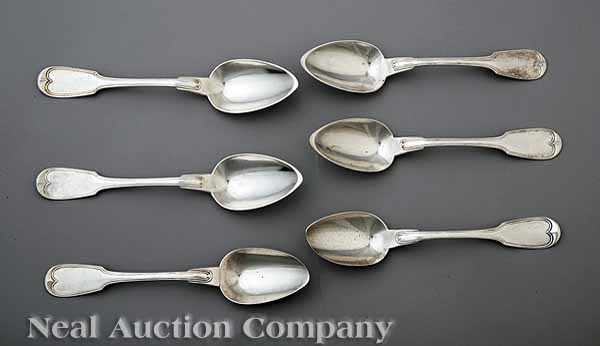 Appraisal: Six Hyde and Goodrich Coin Silver Fiddlethread Soup Tablespoons New