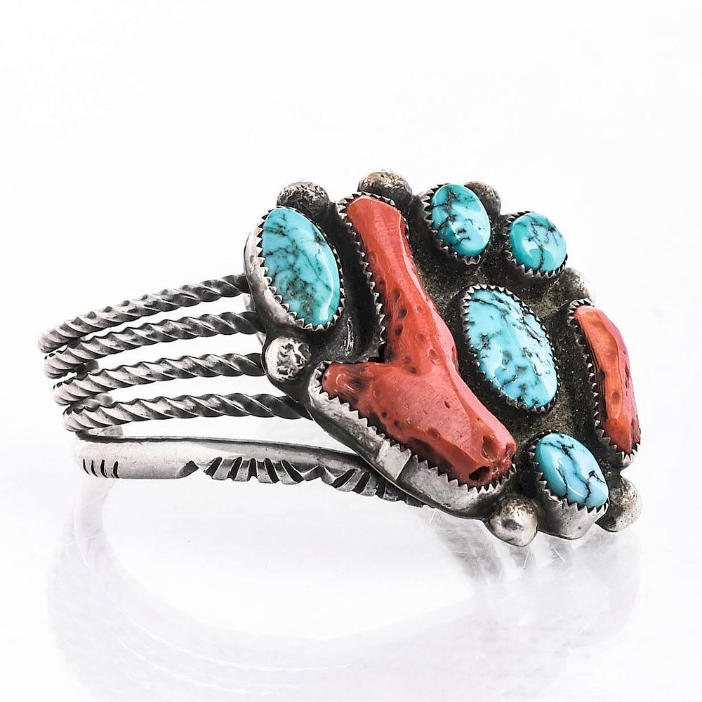 Appraisal: STERLING SILVER ANGLED TURQUOISE AND CORAL CUFF C approx weight