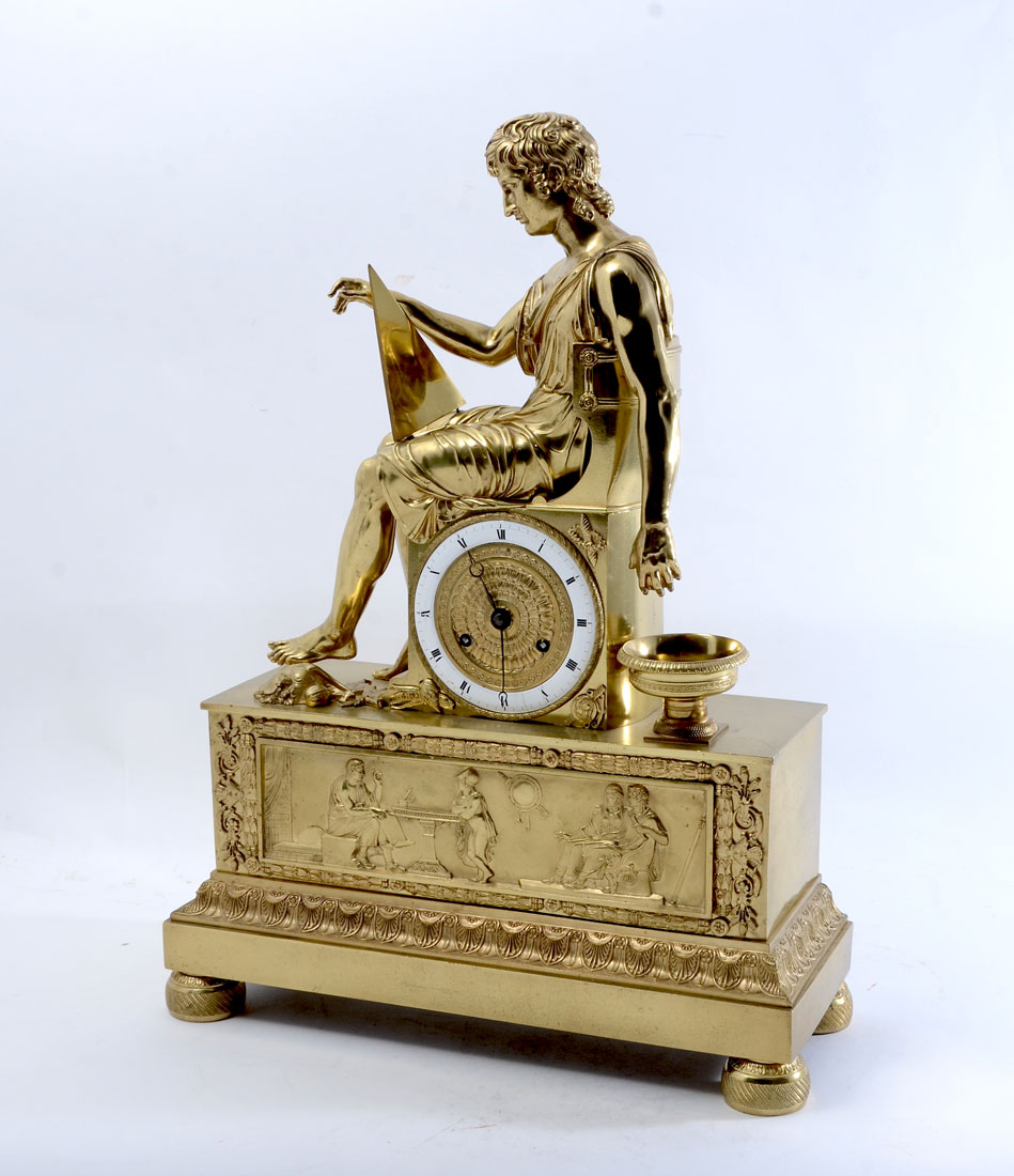 Appraisal: FRENCH EMPIRE FIGURAL GILT BRONZE MANTLE CLOCK Gilt bronze case