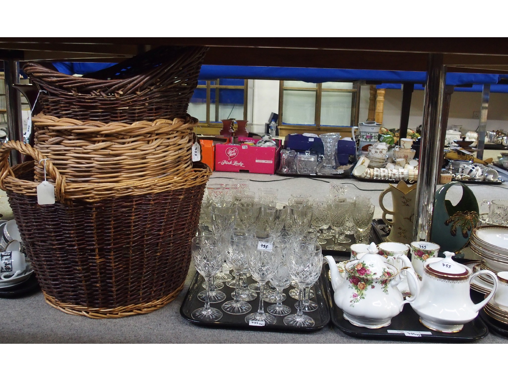 Appraisal: Three wicker baskets and three trays comprising Royal Albert Old