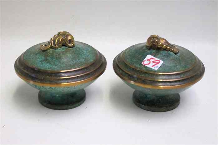 Appraisal: PAIR CARL SORENSEN ARTS CRAFTS BRONZE COVERED BOWLS with verdigris