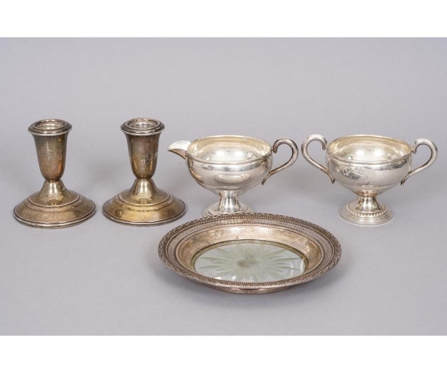 Appraisal: Weighted sterling silver low candlesticks h x dia creamer sugar