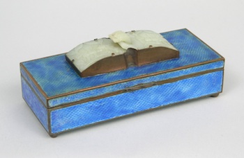 Appraisal: A Chinese Enameled Humidor with Jade Buckle Decoration Of oblong