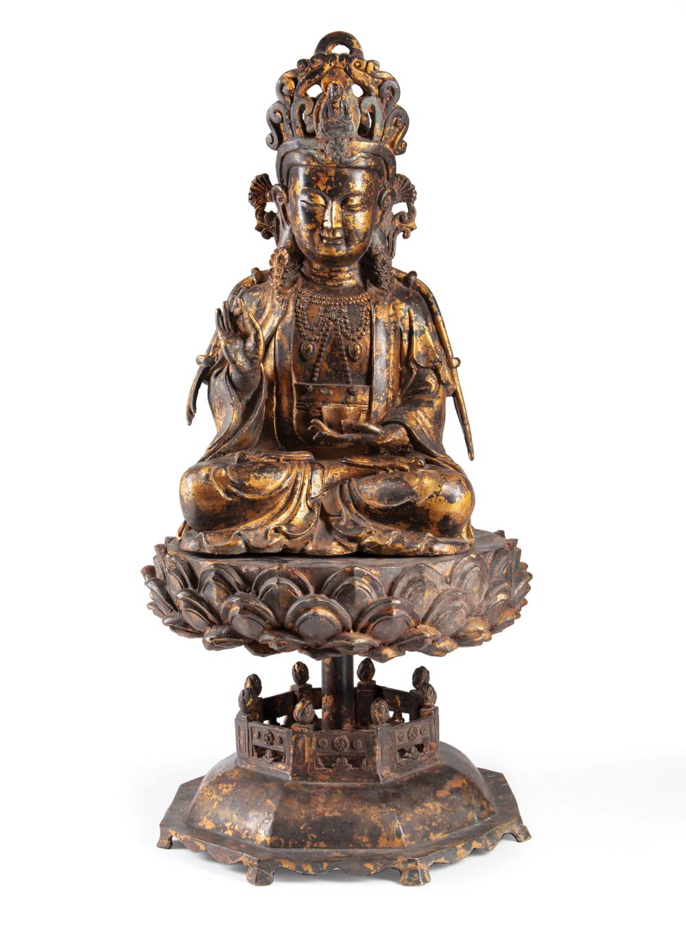 Appraisal: Chinese Partial Gilt Bronze Figure of Guanyin on a Lotus