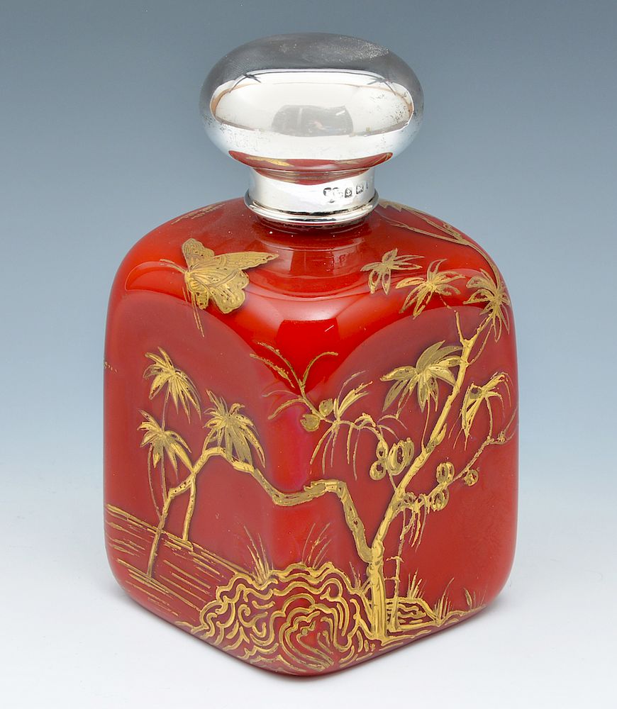 Appraisal: Thomas Webb square red coral perfume bottle Thomas Webb square