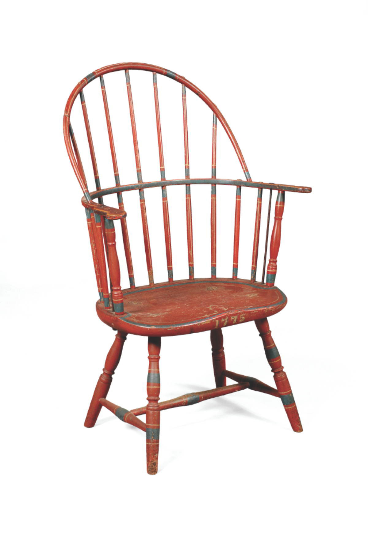 Appraisal: AMERICAN PAINTED AND DECORATED SACK-BACK WINDSOR ARMCHAIR The blue and