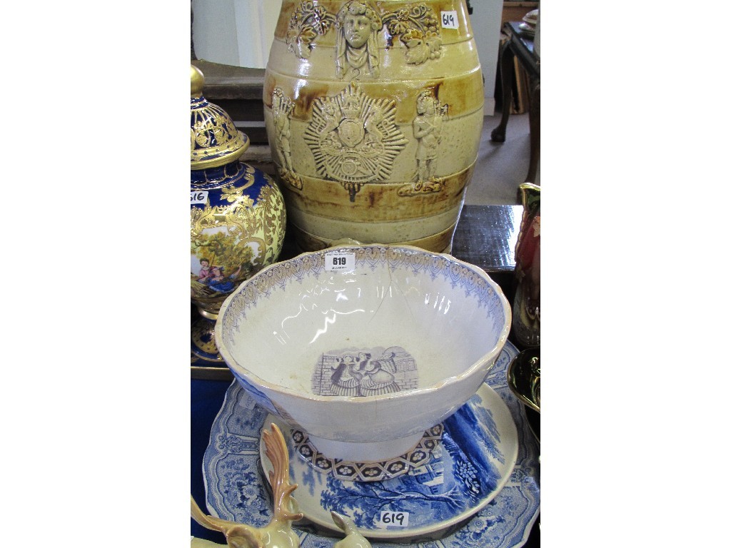 Appraisal: Lot comprising stoneware spirit barrel Scottish pottery punch bowl blue