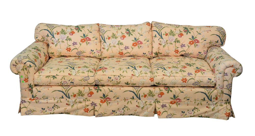 Appraisal: Pair Custom Upholstered Sofas Starlight Upholstery New York peach color