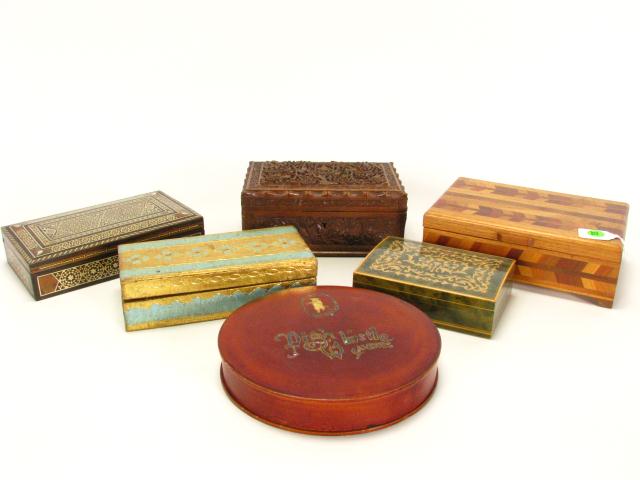 Appraisal: Group of Decorator Lidded Boxes including x parquetry inlaid x