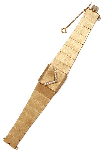 Appraisal: Swiss A k gold bracelet watch with diamond set cover