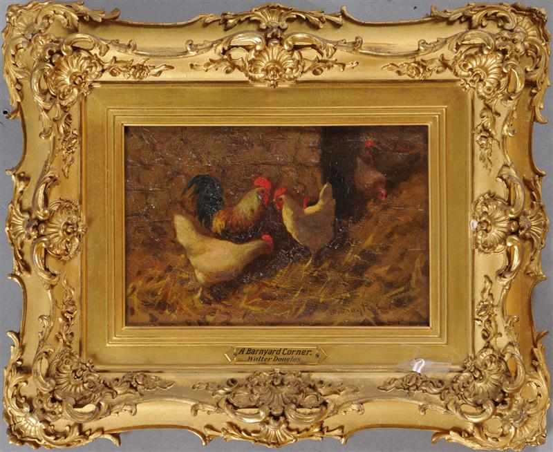 Appraisal: WALTER DOUGLAS - CHICKENS IN A BARNYARD Oil on panel