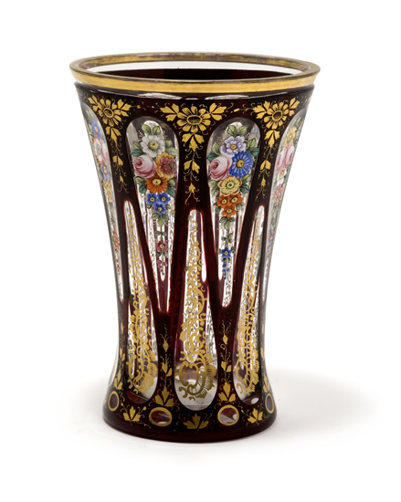 Appraisal: Bohemian Style Enameled Overlay Glass Vase Estimate -