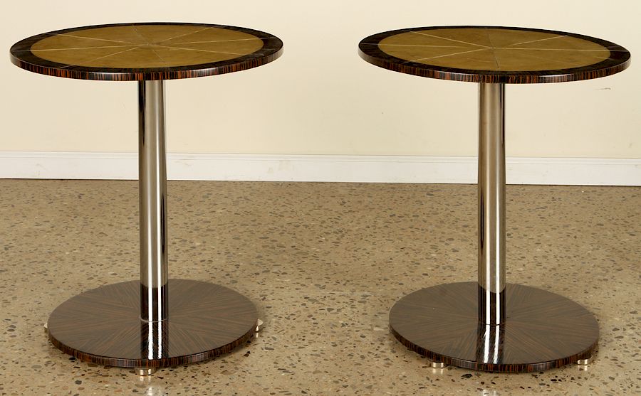 Appraisal: PAIR MACASSAR CHROME PARCHMENT END TABLES A pair of macassar