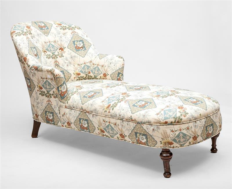 Appraisal: Edwardian Style Mahogany and Linen-Upholstered Chaise Lounge x x in