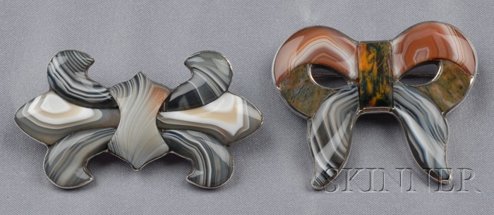 Appraisal: Two Victorian Silver and Scottish Agate Bow Brooches each set