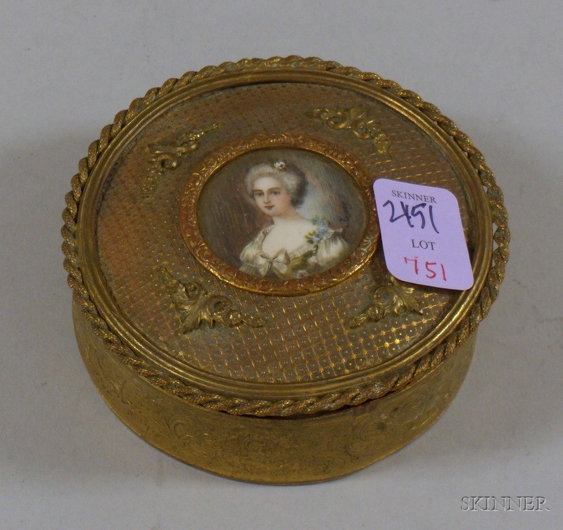 Appraisal: Gilt-brass Covered Trinket Box with Portrait Miniature on Ivory of