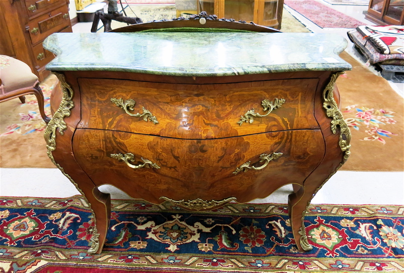 Appraisal: LOUIS XV STYLE MARBLE-TOP BOMBE COMMODE a -drawer marquetry inlaid