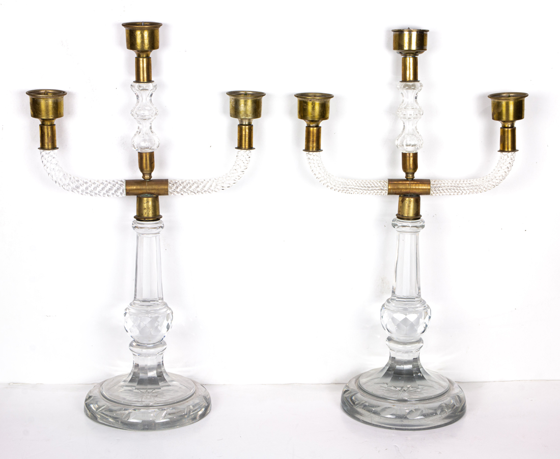 Appraisal: LOT OF PAIR OF CUT GLASS THREE-LIGHT CANDELABRA lot of