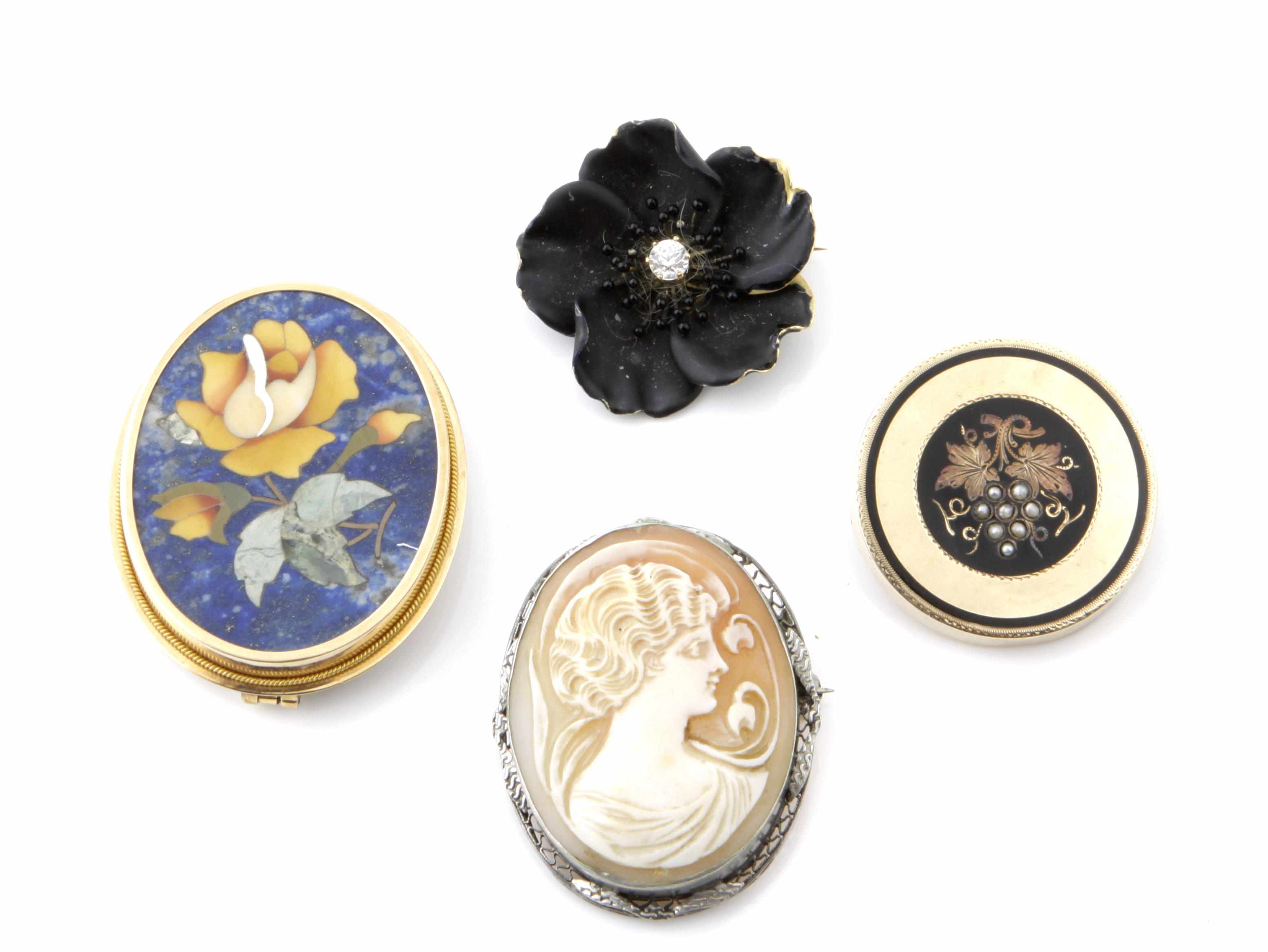 Appraisal: A collection of enamel diamond inlaid and cameo jewelry comprising