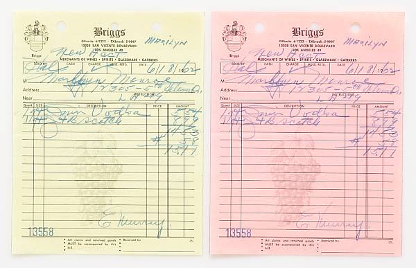 Appraisal: A Marilyn Monroe receipt for spirits One yellow and one