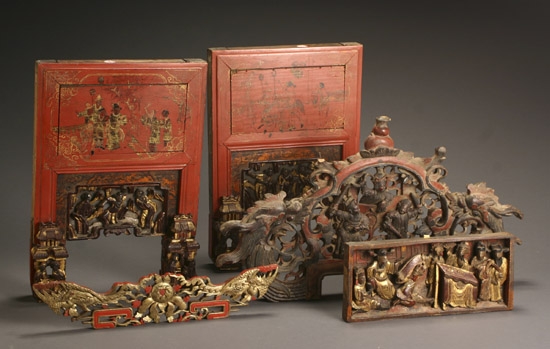 Appraisal: Group of Five Chinese Parcel Gilt and Red Lacquered Wood