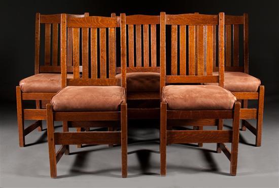 Appraisal: Set of five Mission style oak leather upholstered dining chairs