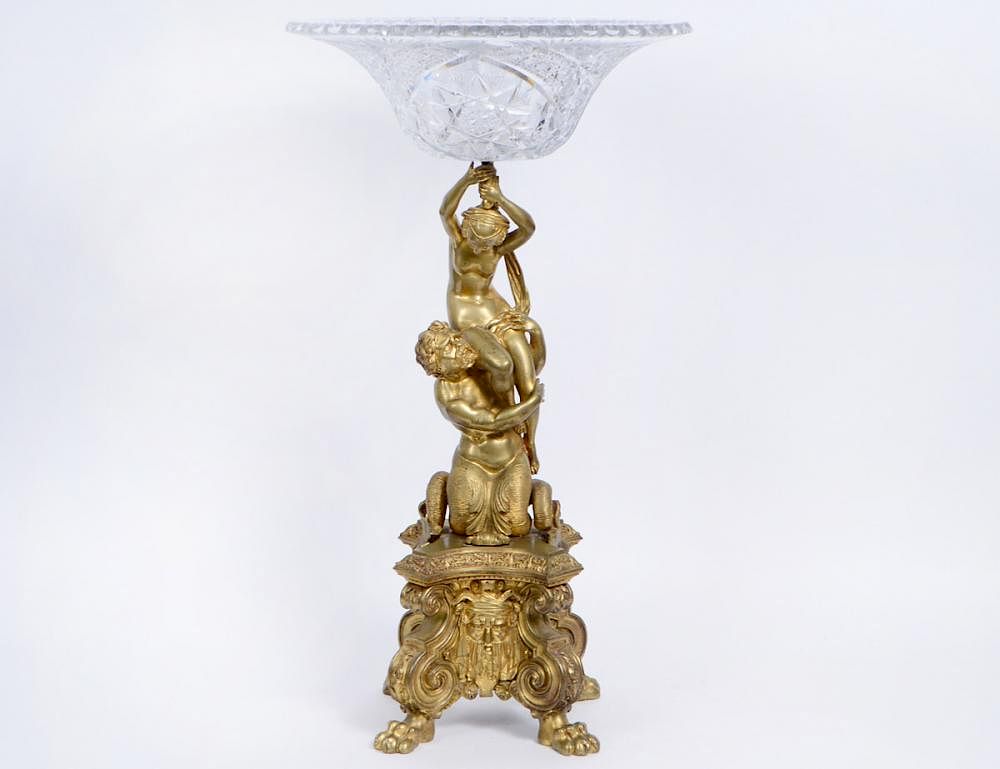 Appraisal: GILT BRONZE GLASS FIGURAL CENTERPIECE French Late th Century The