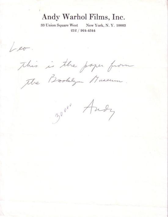 Appraisal: WARHOL ANDY Brief Autograph Note Signed Andy to Leo Castelli