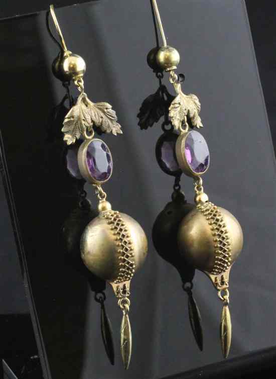 Appraisal: A pair of Victorian gold gilt metal and amethyst drop