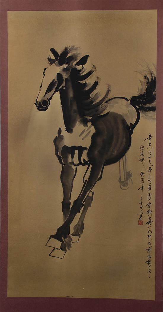 Appraisal: Chinese watercolor-painted scroll Republic period or later running horse signed