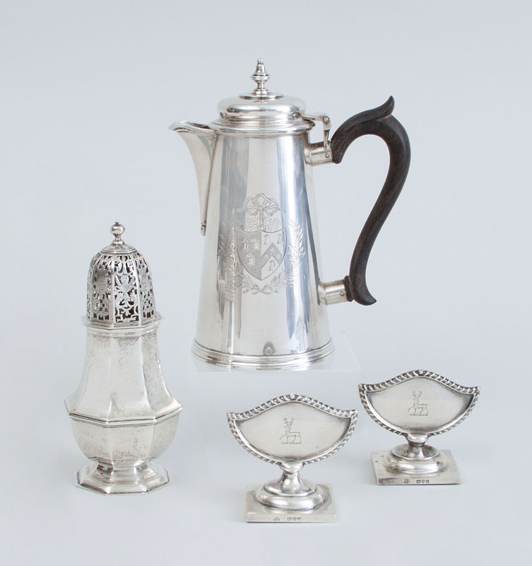 Appraisal: FOUR ENGLISH SILVER TABLE ARTICLES Comprising an armorial coffee pot