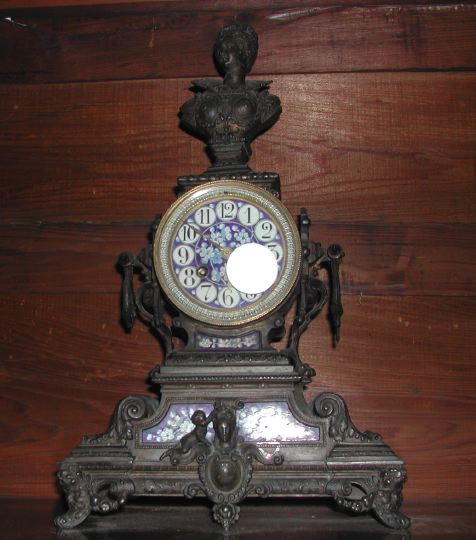 Appraisal: Attractive Napoleon III Bronze-Patinated and Blue-and-White Porcelain-Inset Spelter Mantel Clock